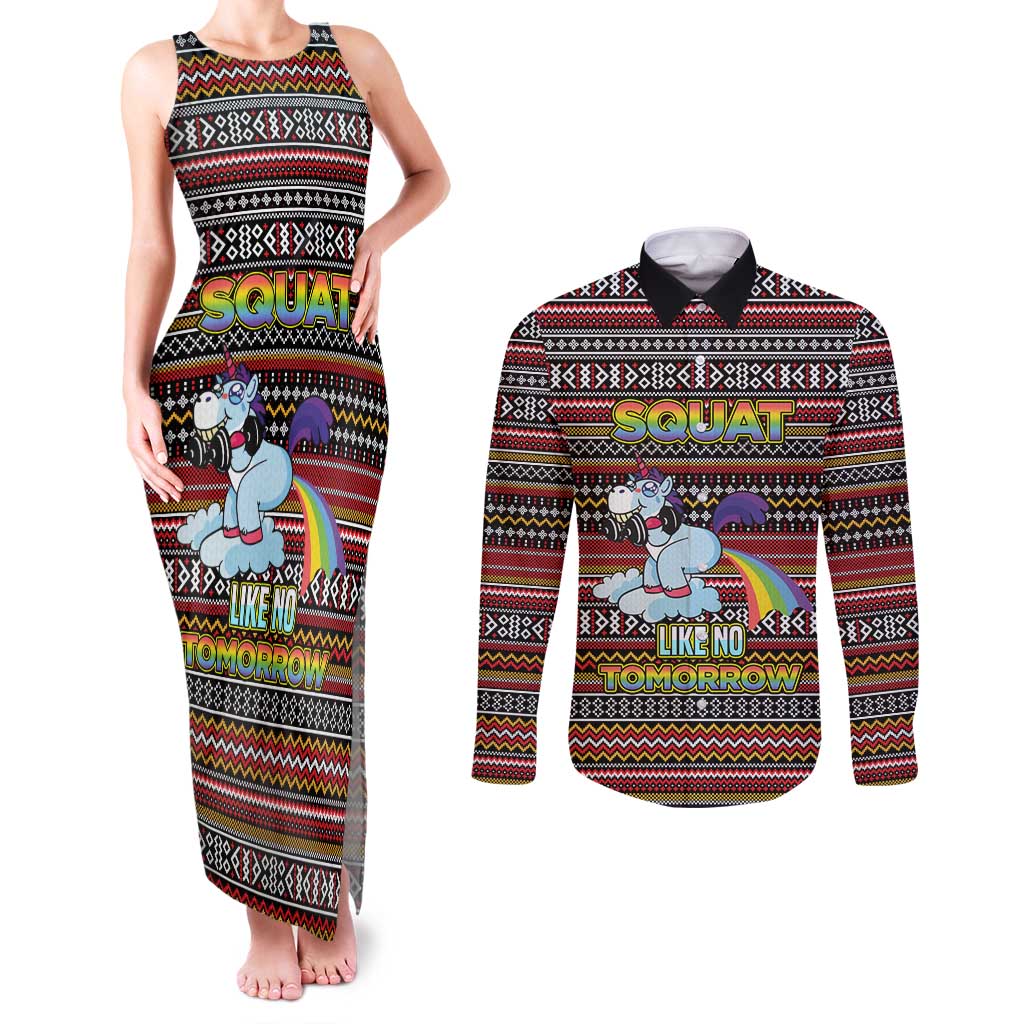 Funny Unicorn Workout Couples Matching Tank Maxi Dress and Long Sleeve Button Shirt with Squat Like No Tomorrow Quote and Rainbow Tribal - Wonder Print Shop