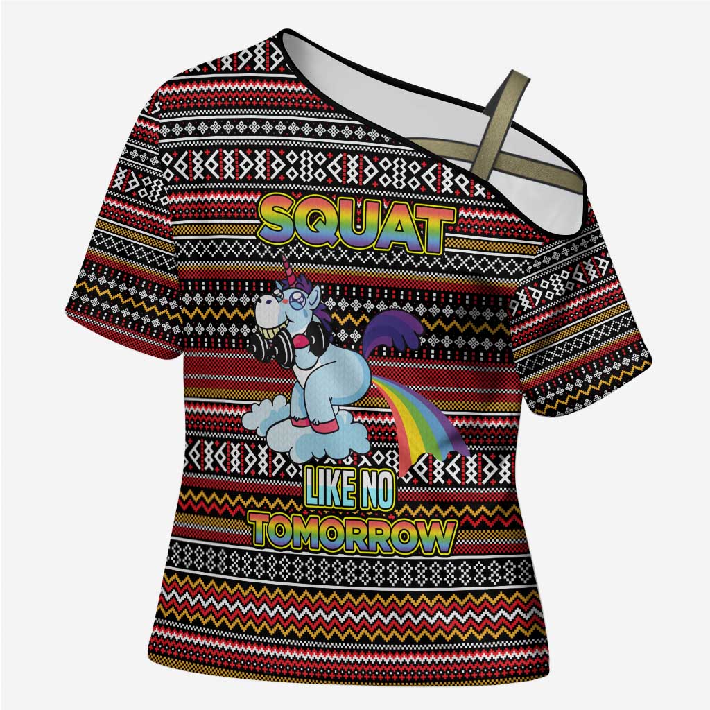 Funny Unicorn Workout Cross Shoulder Shirt with Squat Like No Tomorrow Quote and Rainbow Tribal - Wonder Print Shop