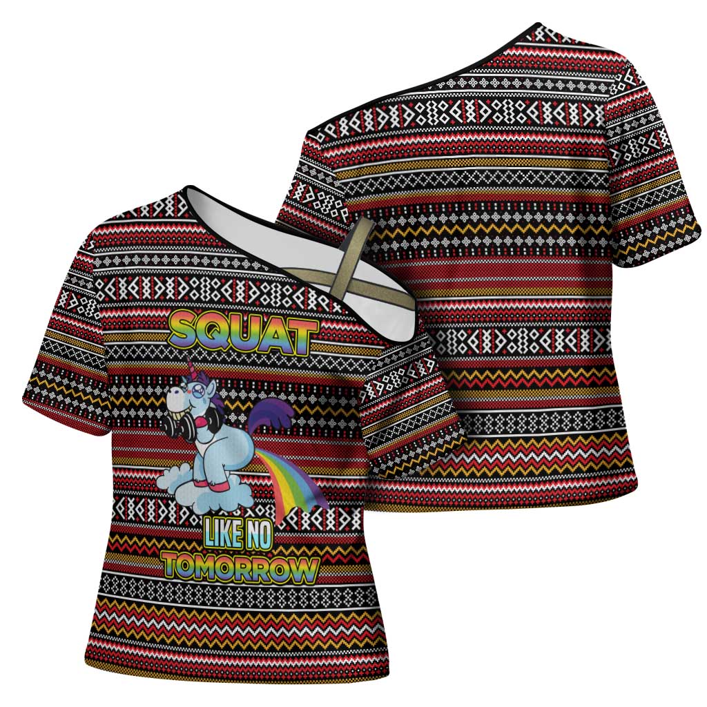 Funny Unicorn Workout Cross Shoulder Shirt with Squat Like No Tomorrow Quote and Rainbow Tribal - Wonder Print Shop
