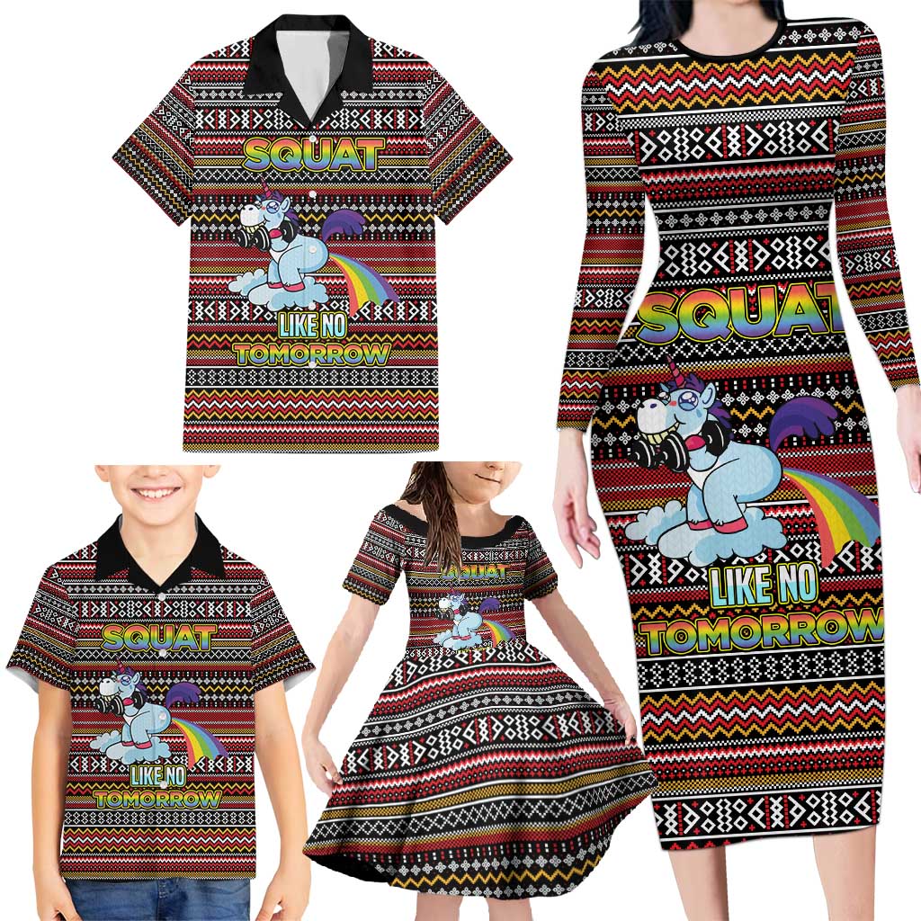 Funny Unicorn Workout Family Matching Long Sleeve Bodycon Dress and Hawaiian Shirt with Squat Like No Tomorrow Quote and Rainbow Tribal - Wonder Print Shop