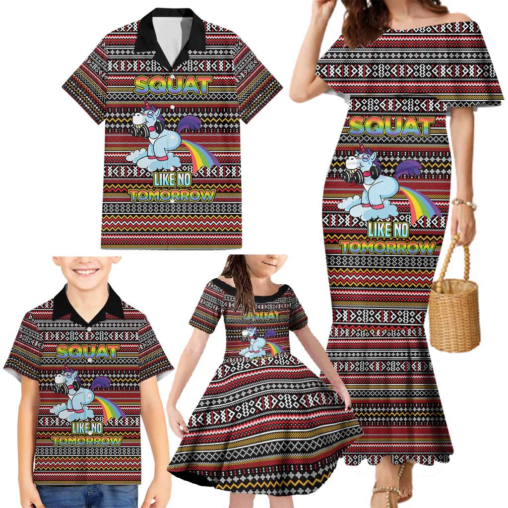 Funny Unicorn Workout Family Matching Mermaid Dress and Hawaiian Shirt with Squat Like No Tomorrow Quote and Rainbow Tribal - Wonder Print Shop