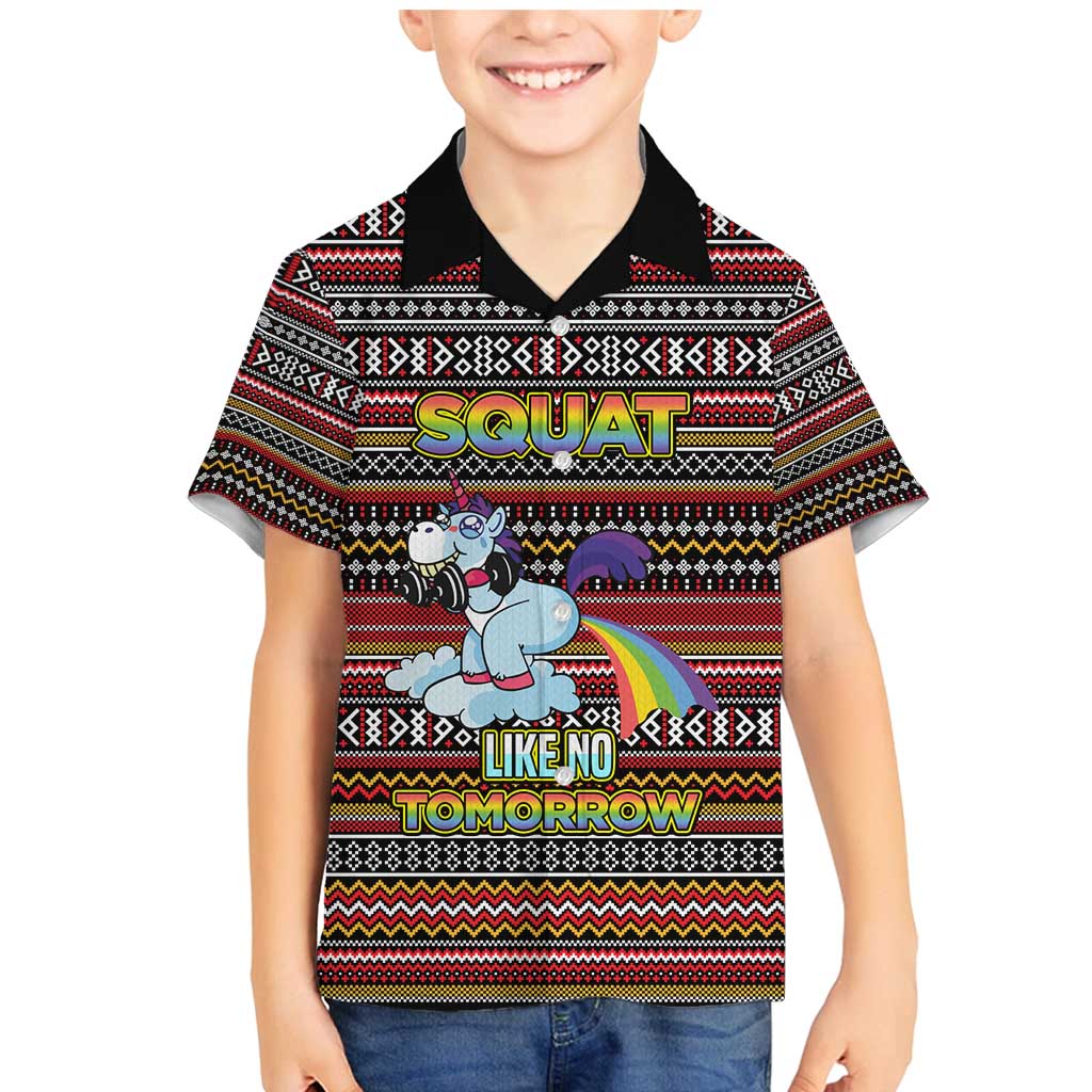 Funny Unicorn Workout Family Matching Mermaid Dress and Hawaiian Shirt with Squat Like No Tomorrow Quote and Rainbow Tribal - Wonder Print Shop