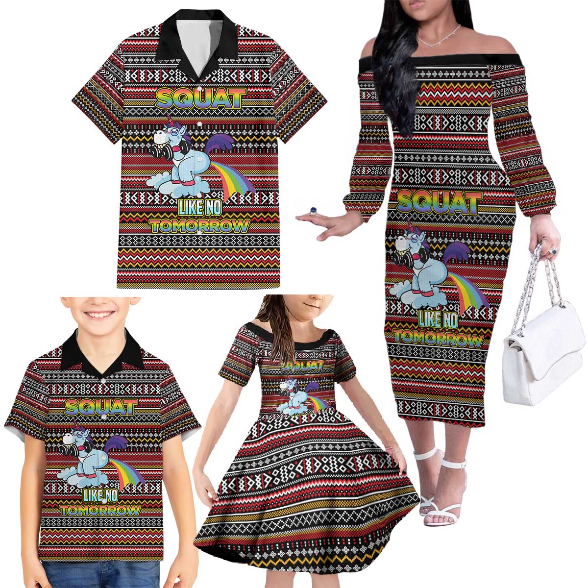 Funny Unicorn Workout Family Matching Off The Shoulder Long Sleeve Dress and Hawaiian Shirt with Squat Like No Tomorrow Quote and Rainbow Tribal - Wonder Print Shop