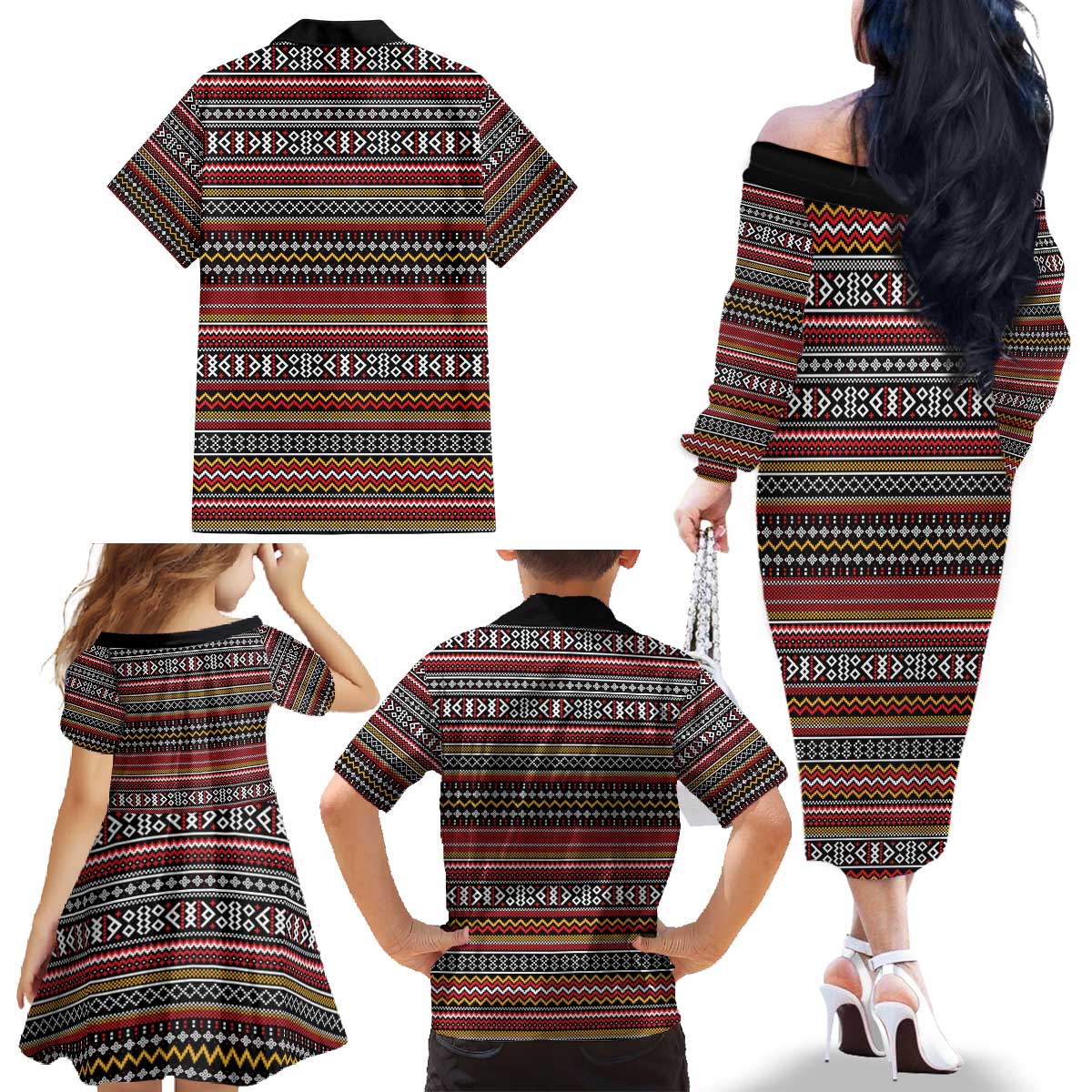 Funny Unicorn Workout Family Matching Off The Shoulder Long Sleeve Dress and Hawaiian Shirt with Squat Like No Tomorrow Quote and Rainbow Tribal - Wonder Print Shop