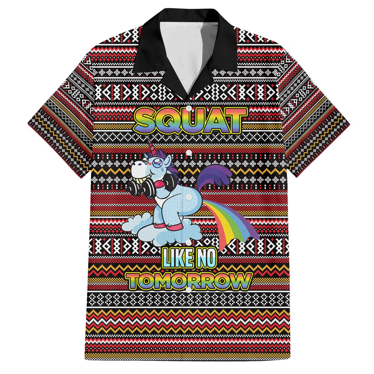 Funny Unicorn Workout Family Matching Off The Shoulder Long Sleeve Dress and Hawaiian Shirt with Squat Like No Tomorrow Quote and Rainbow Tribal - Wonder Print Shop