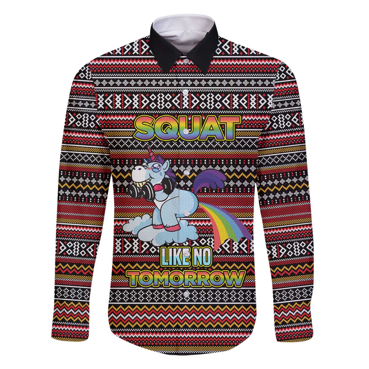 Funny Unicorn Workout Family Matching Off The Shoulder Long Sleeve Dress and Hawaiian Shirt with Squat Like No Tomorrow Quote and Rainbow Tribal - Wonder Print Shop