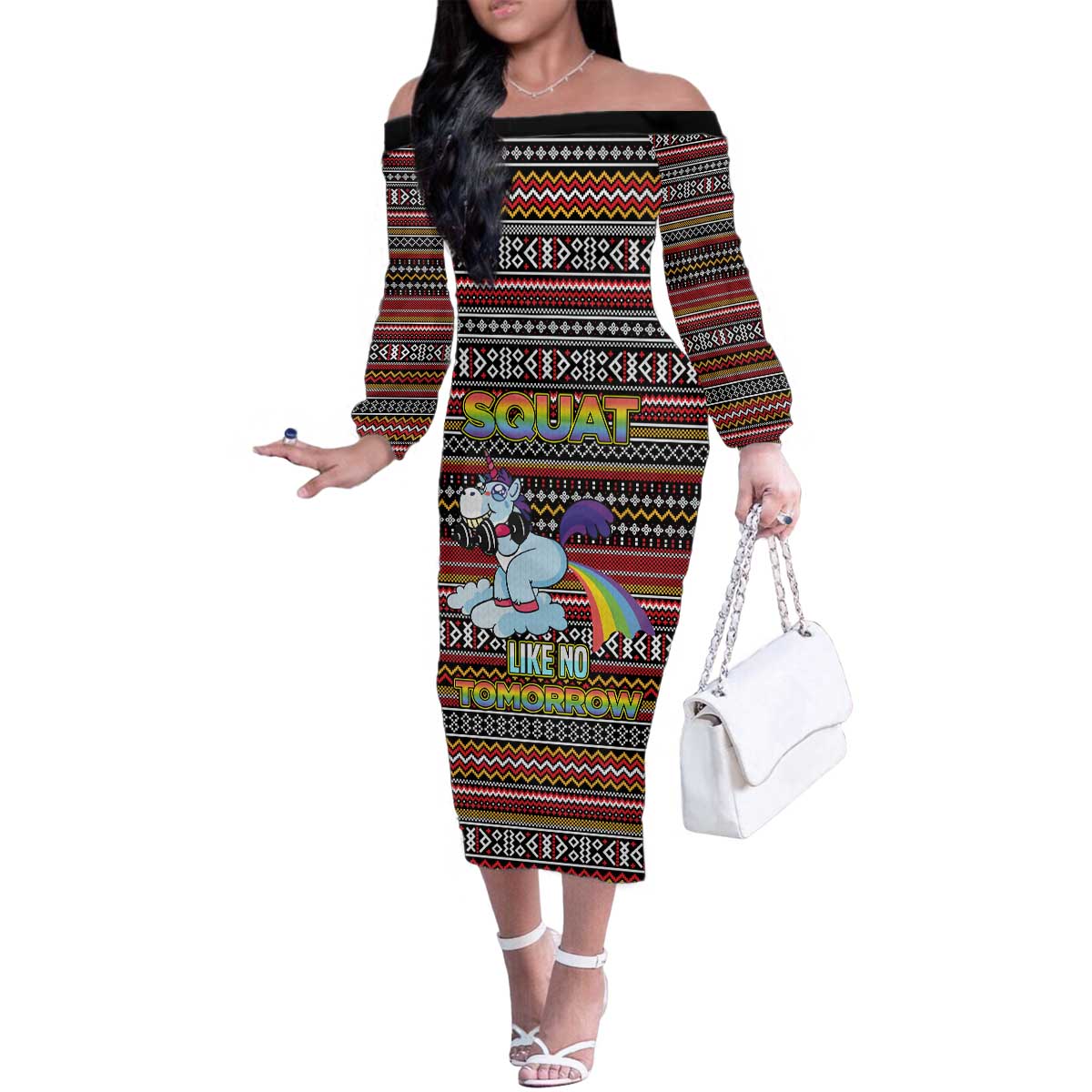 Funny Unicorn Workout Family Matching Off The Shoulder Long Sleeve Dress and Hawaiian Shirt with Squat Like No Tomorrow Quote and Rainbow Tribal - Wonder Print Shop