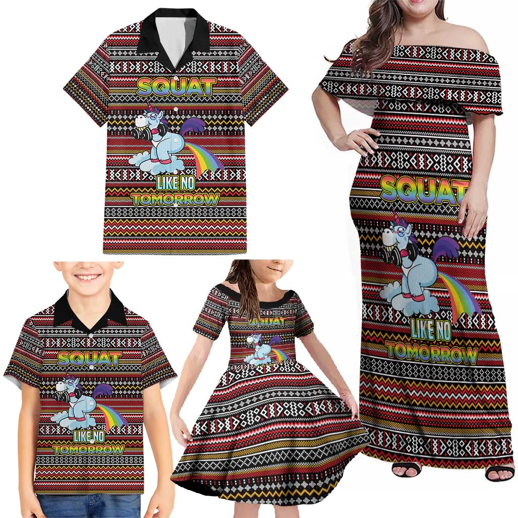 Funny Unicorn Workout Family Matching Off Shoulder Maxi Dress and Hawaiian Shirt with Squat Like No Tomorrow Quote and Rainbow Tribal - Wonder Print Shop