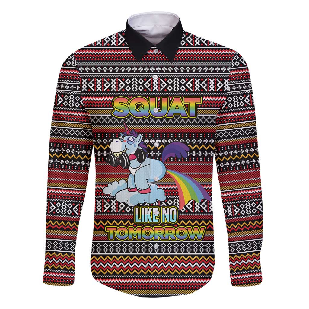 Funny Unicorn Workout Family Matching Off Shoulder Maxi Dress and Hawaiian Shirt with Squat Like No Tomorrow Quote and Rainbow Tribal - Wonder Print Shop
