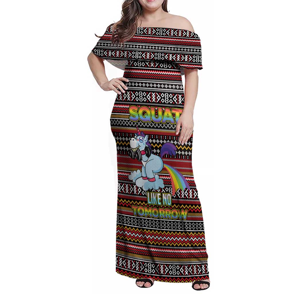 Funny Unicorn Workout Family Matching Off Shoulder Maxi Dress and Hawaiian Shirt with Squat Like No Tomorrow Quote and Rainbow Tribal - Wonder Print Shop