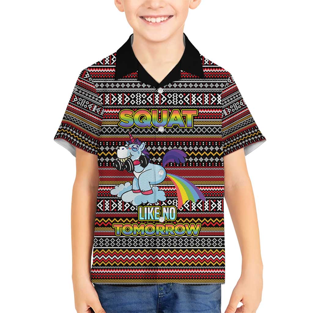 Funny Unicorn Workout Family Matching Off Shoulder Maxi Dress and Hawaiian Shirt with Squat Like No Tomorrow Quote and Rainbow Tribal - Wonder Print Shop