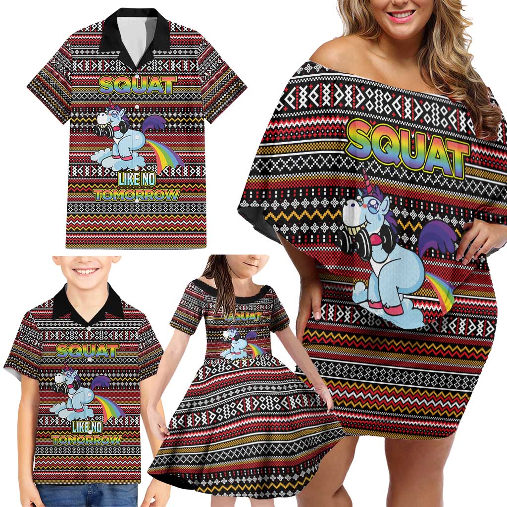 Funny Unicorn Workout Family Matching Off Shoulder Short Dress and Hawaiian Shirt with Squat Like No Tomorrow Quote and Rainbow Tribal - Wonder Print Shop
