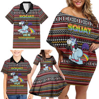 Funny Unicorn Workout Family Matching Off Shoulder Short Dress and Hawaiian Shirt with Squat Like No Tomorrow Quote and Rainbow Tribal - Wonder Print Shop