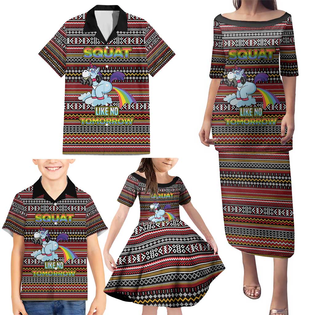Funny Unicorn Workout Family Matching Puletasi and Hawaiian Shirt with Squat Like No Tomorrow Quote and Rainbow Tribal - Wonder Print Shop