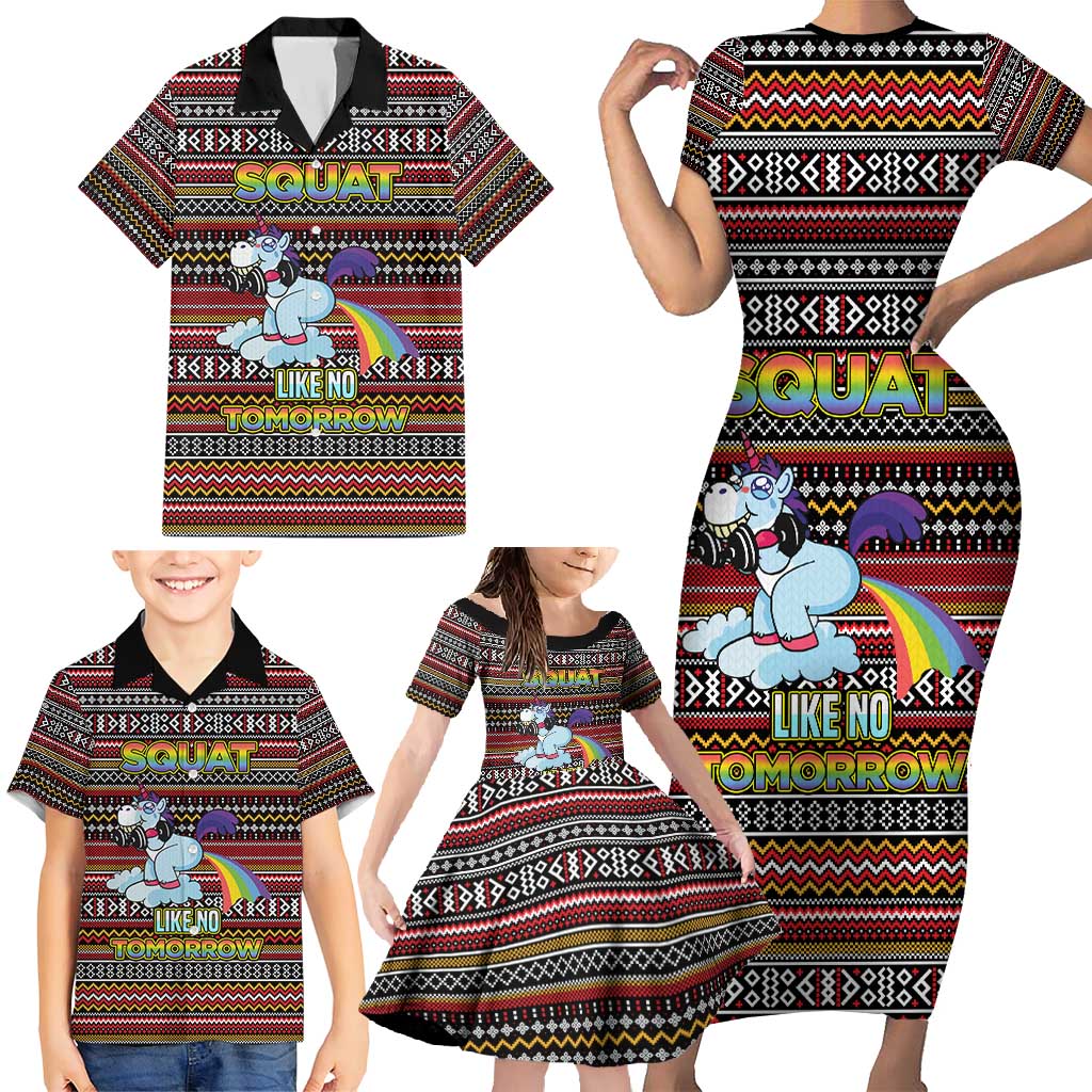 Funny Unicorn Workout Family Matching Short Sleeve Bodycon Dress and Hawaiian Shirt with Squat Like No Tomorrow Quote and Rainbow Tribal - Wonder Print Shop