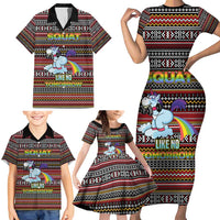 Funny Unicorn Workout Family Matching Short Sleeve Bodycon Dress and Hawaiian Shirt with Squat Like No Tomorrow Quote and Rainbow Tribal - Wonder Print Shop