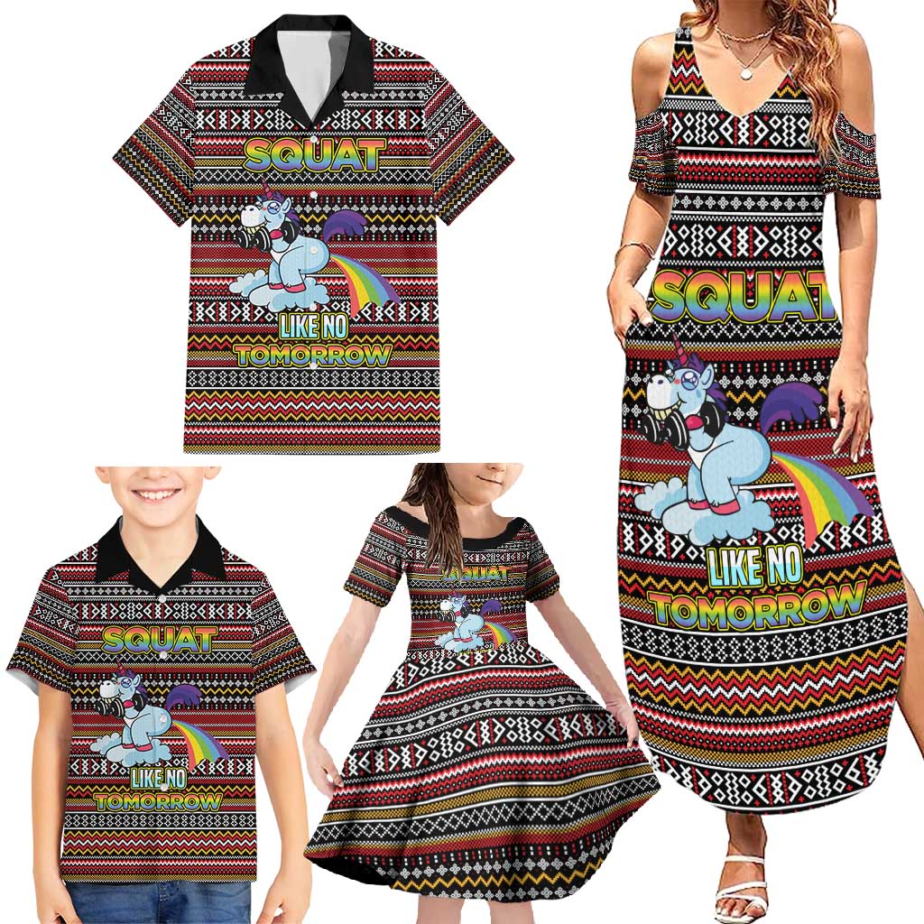 Funny Unicorn Workout Family Matching Summer Maxi Dress and Hawaiian Shirt with Squat Like No Tomorrow Quote and Rainbow Tribal - Wonder Print Shop