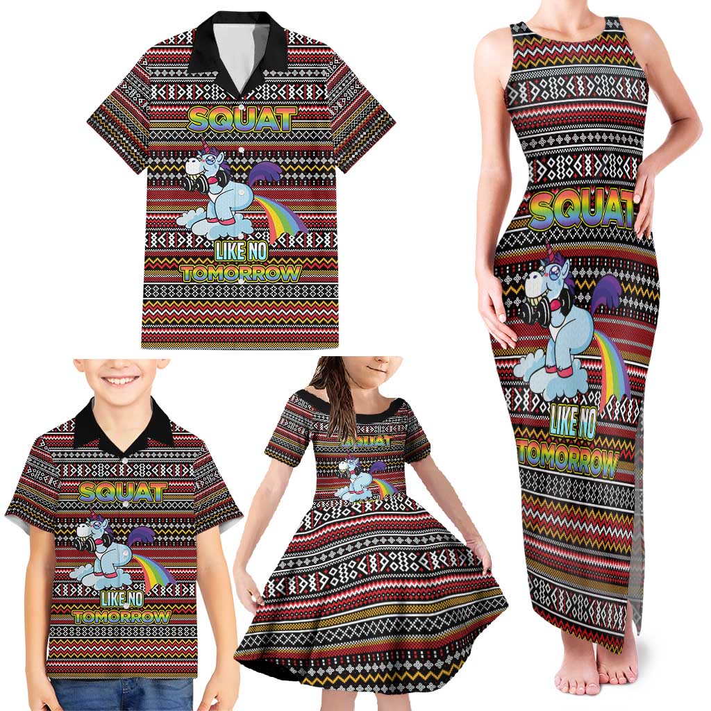 Funny Unicorn Workout Family Matching Tank Maxi Dress and Hawaiian Shirt with Squat Like No Tomorrow Quote and Rainbow Tribal - Wonder Print Shop