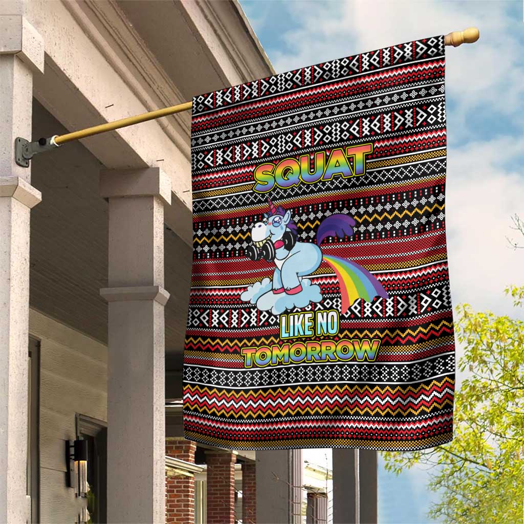 Funny Unicorn Workout Garden Flag with Squat Like No Tomorrow Quote and Rainbow Tribal - Wonder Print Shop