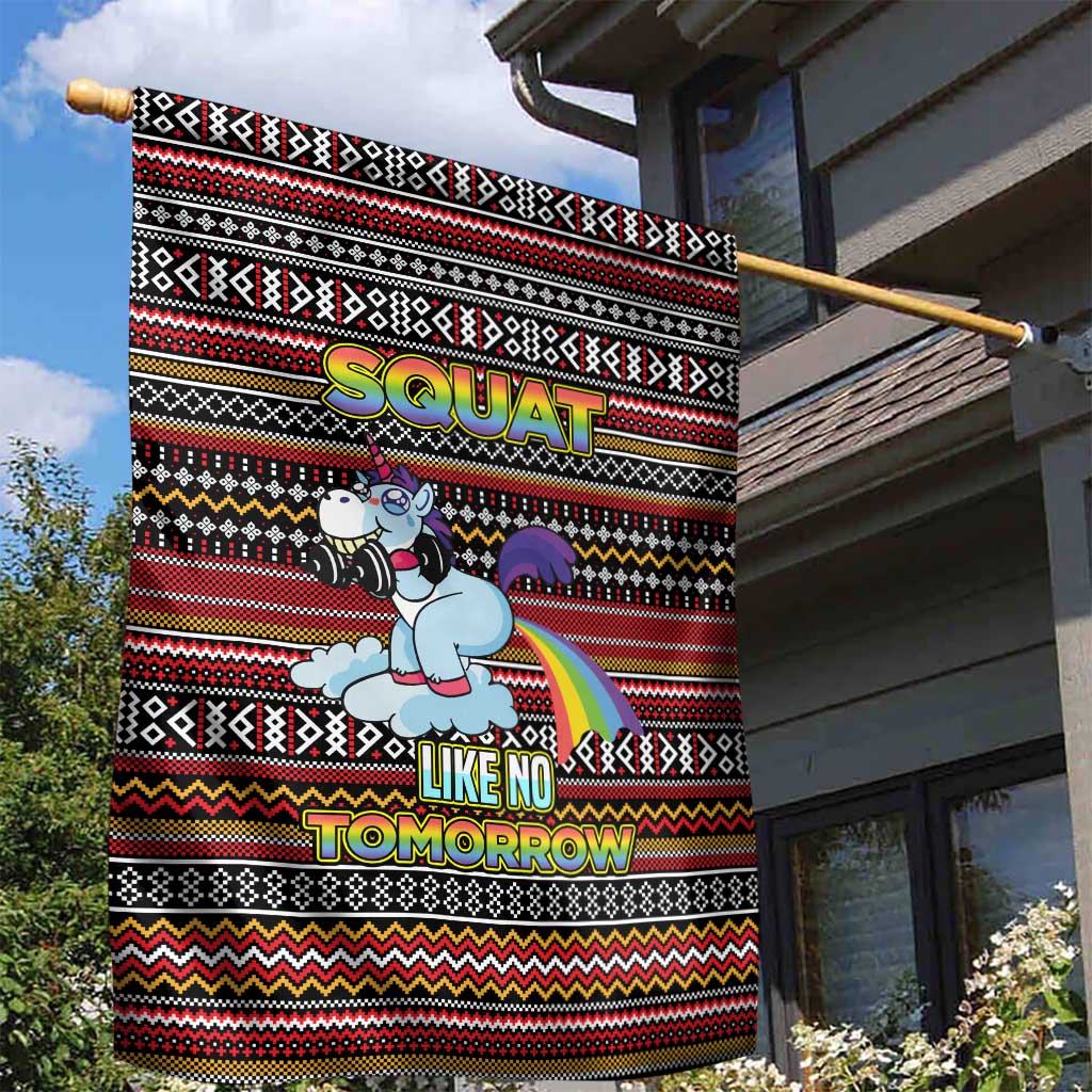 Funny Unicorn Workout Garden Flag with Squat Like No Tomorrow Quote and Rainbow Tribal - Wonder Print Shop