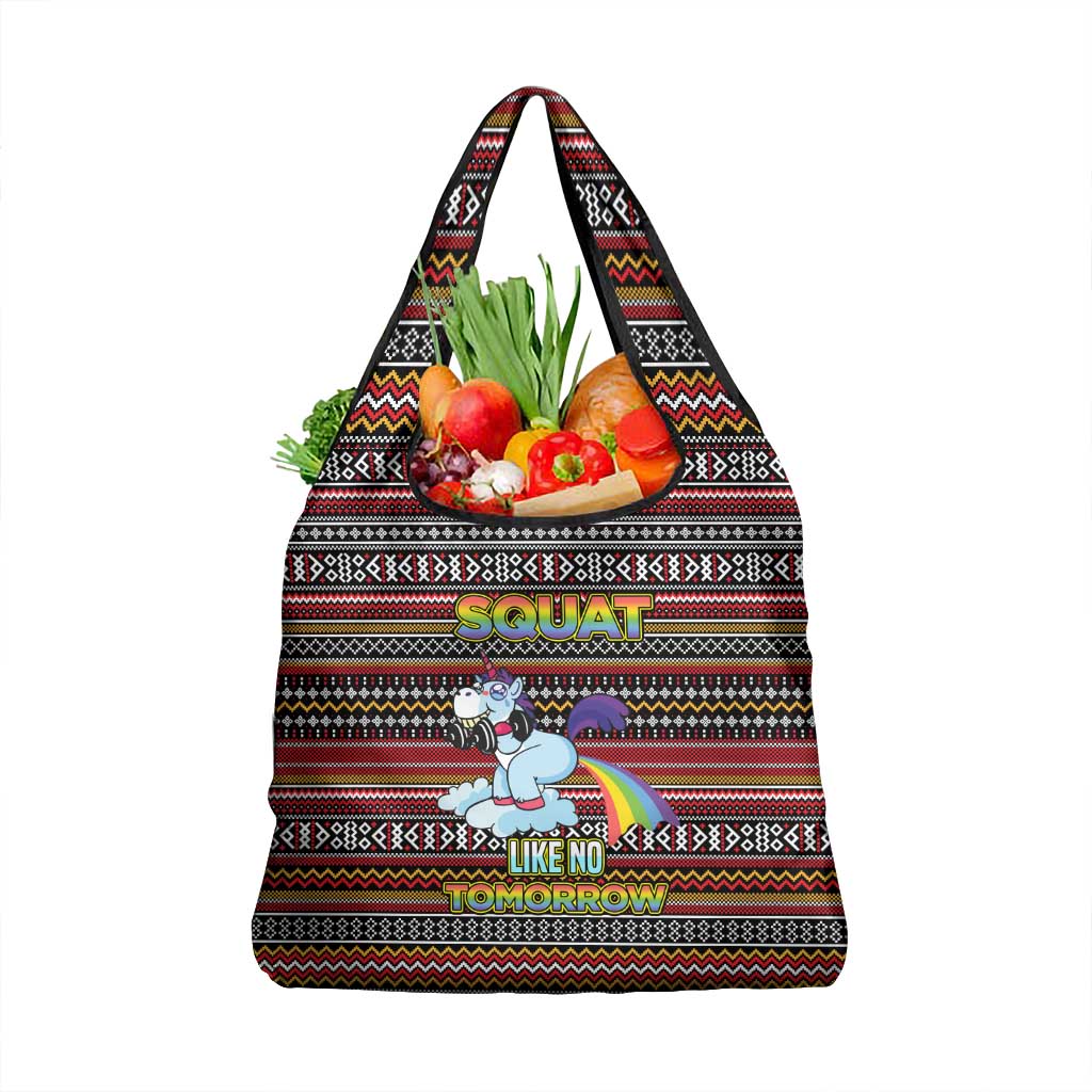 Funny Unicorn Workout Grocery Bag with Squat Like No Tomorrow Quote and Rainbow Tribal - Wonder Print Shop