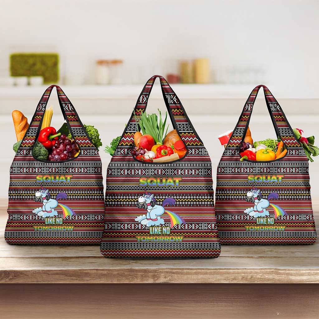 Funny Unicorn Workout Grocery Bag with Squat Like No Tomorrow Quote and Rainbow Tribal - Wonder Print Shop