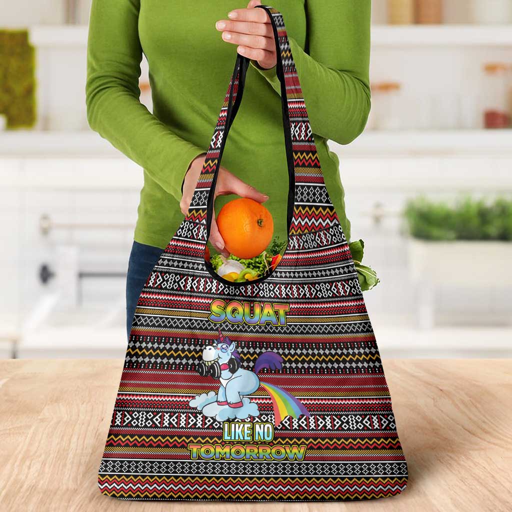Funny Unicorn Workout Grocery Bag with Squat Like No Tomorrow Quote and Rainbow Tribal - Wonder Print Shop