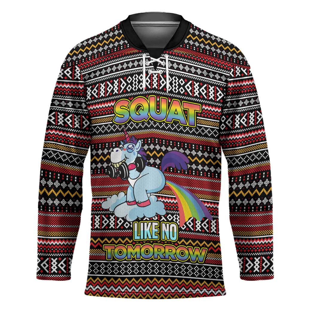 Funny Unicorn Workout Hockey Jersey with Squat Like No Tomorrow Quote and Rainbow Tribal - Wonder Print Shop