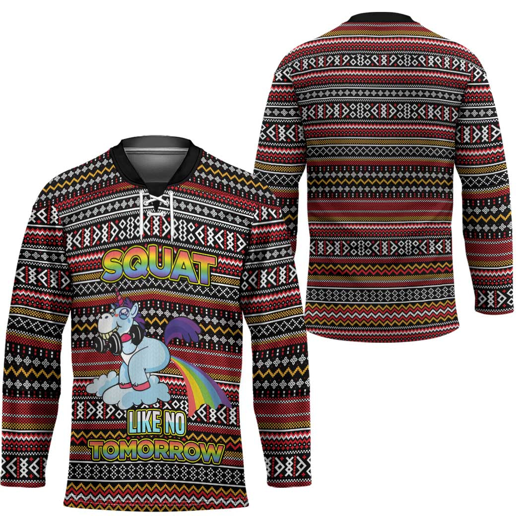 Funny Unicorn Workout Hockey Jersey with Squat Like No Tomorrow Quote and Rainbow Tribal - Wonder Print Shop