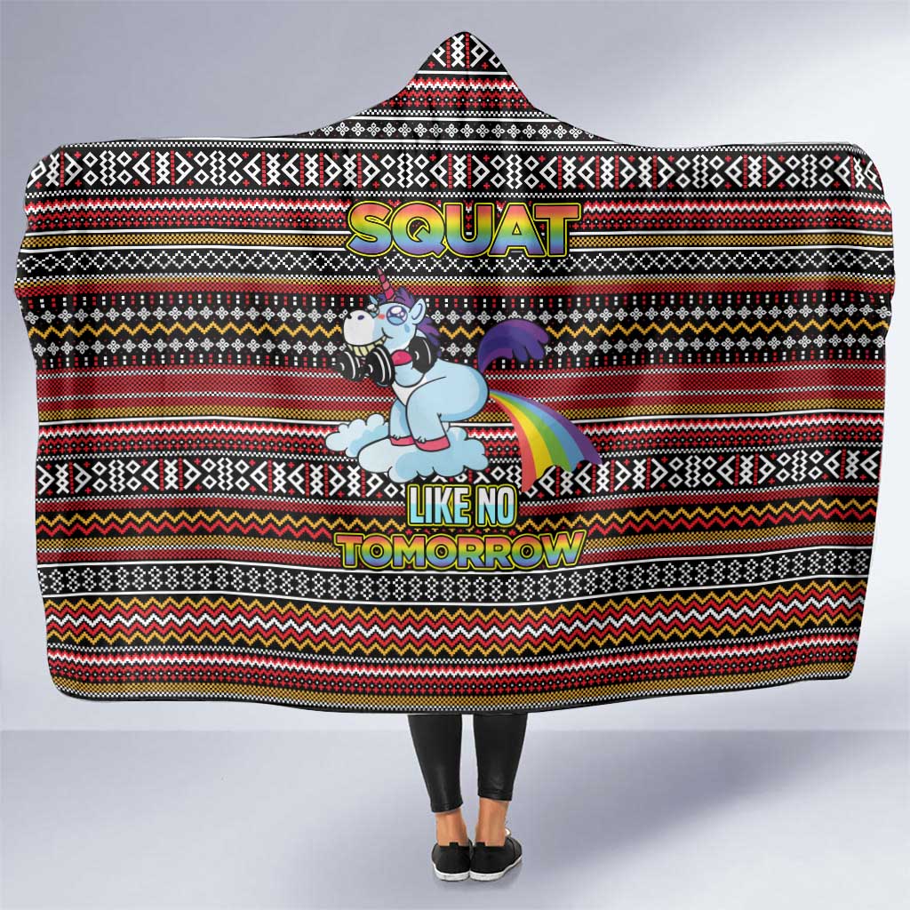 Funny Unicorn Workout Hooded Blanket with Squat Like No Tomorrow Quote and Rainbow Tribal - Wonder Print Shop