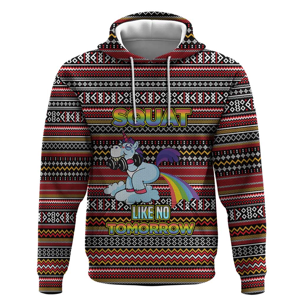 Funny Unicorn Workout Hoodie with Squat Like No Tomorrow Quote and Rainbow Tribal - Wonder Print Shop