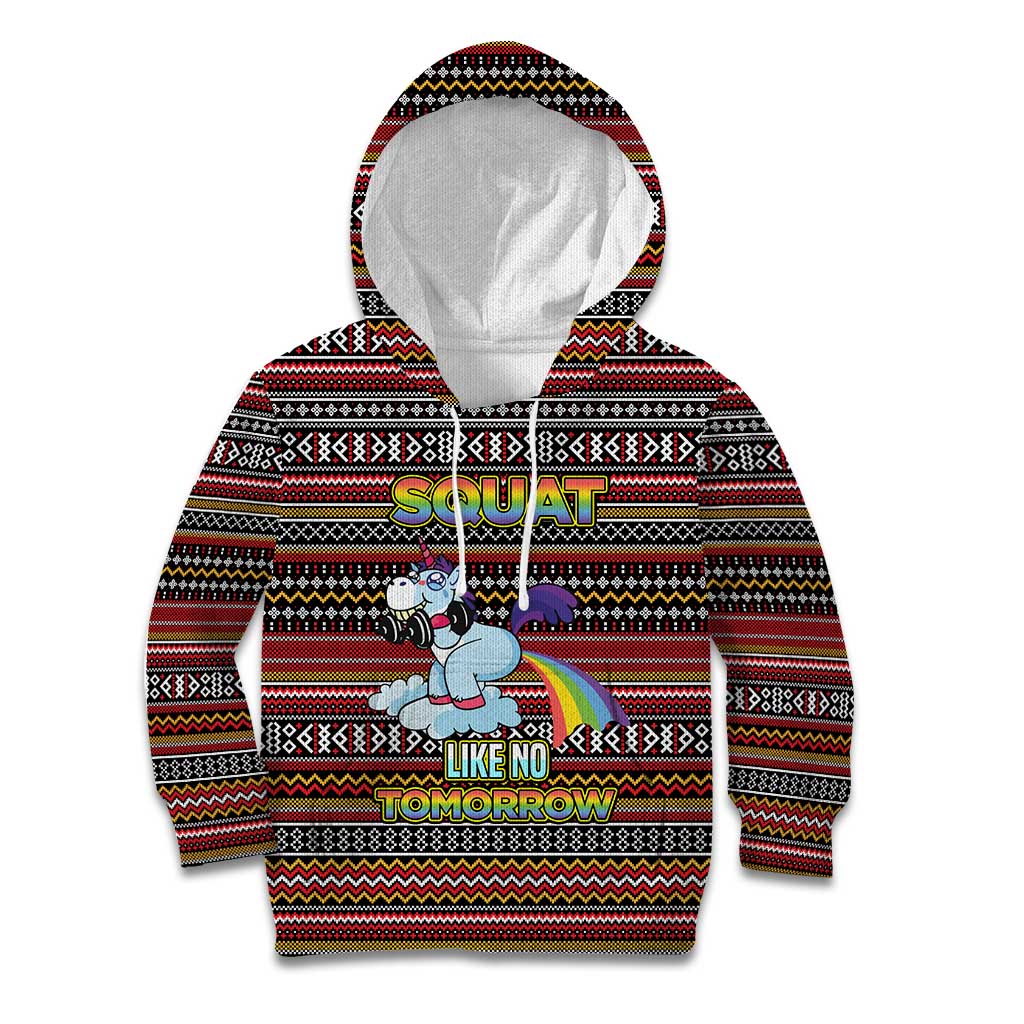 Funny Unicorn Workout Kid Hoodie with Squat Like No Tomorrow Quote and Rainbow Tribal - Wonder Print Shop