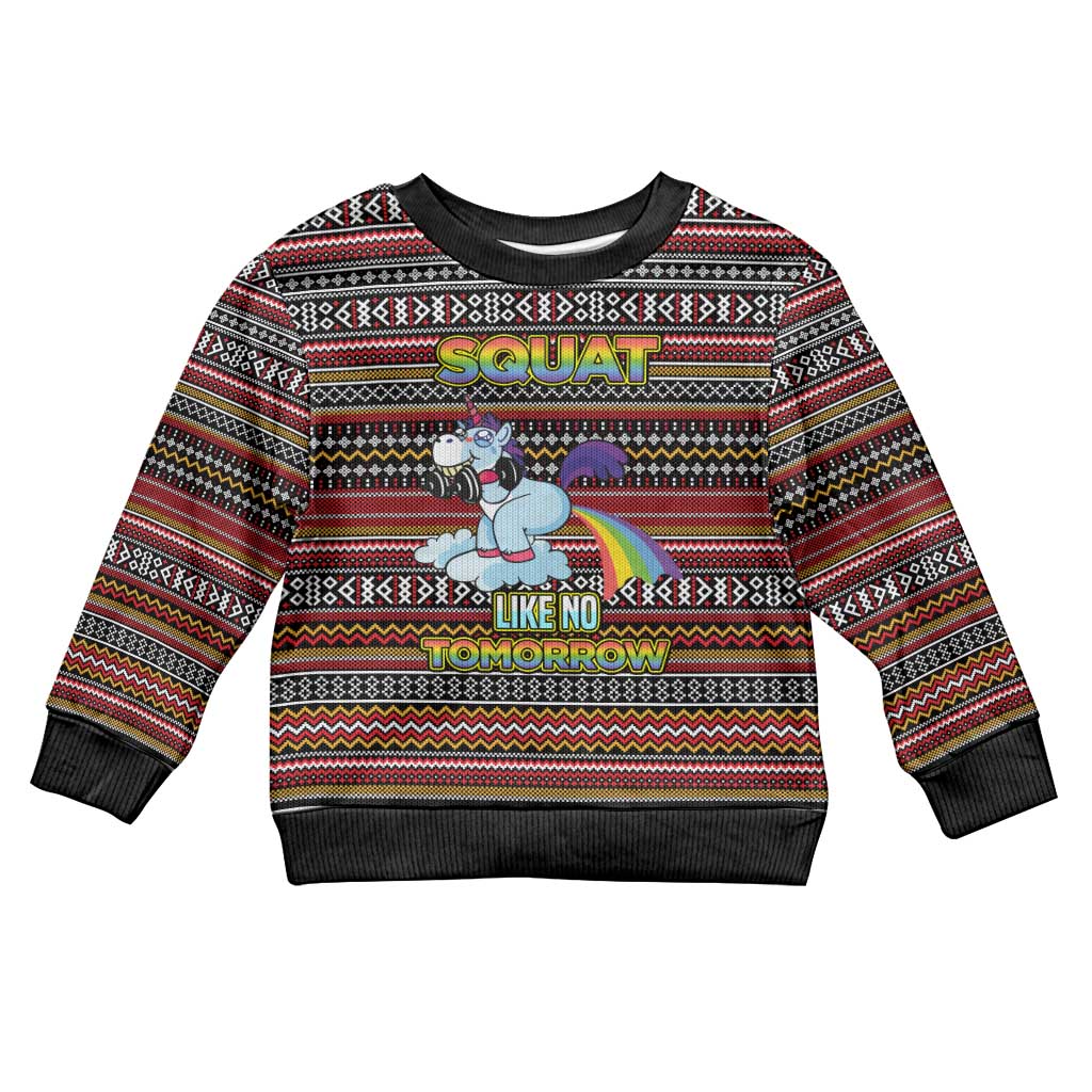 Funny Unicorn Workout Kid Ugly Christmas Sweater with Squat Like No Tomorrow Quote and Rainbow Tribal - Wonder Print Shop