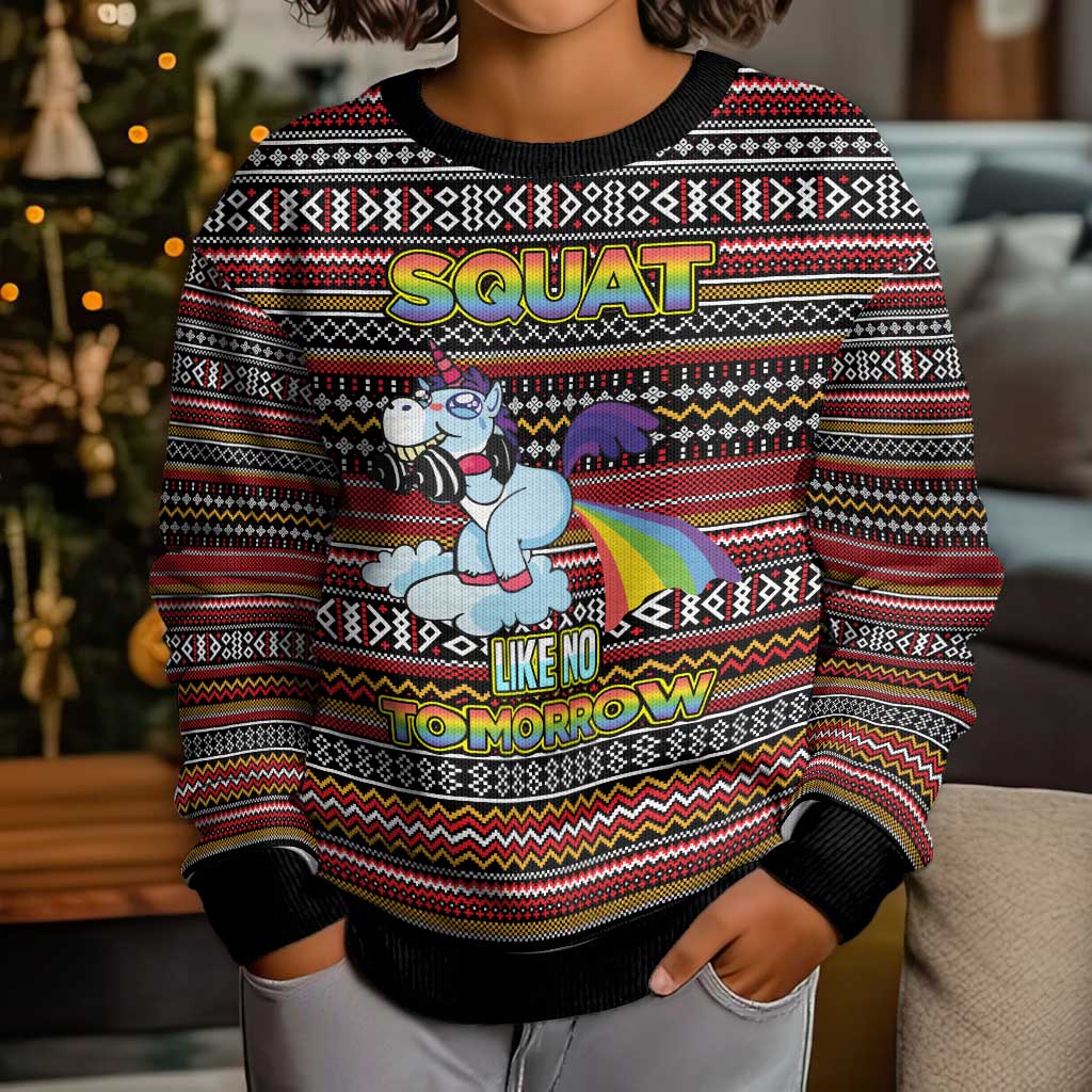 Funny Unicorn Workout Kid Ugly Christmas Sweater with Squat Like No Tomorrow Quote and Rainbow Tribal - Wonder Print Shop