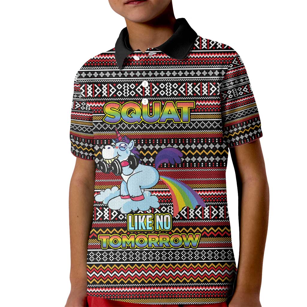 Funny Unicorn Workout Kid Polo Shirt with Squat Like No Tomorrow Quote and Rainbow Tribal - Wonder Print Shop