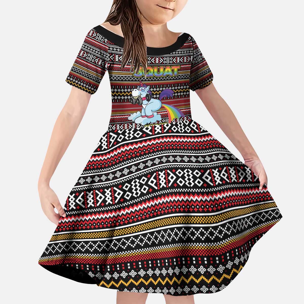Funny Unicorn Workout Kid Short Sleeve Dress with Squat Like No Tomorrow Quote and Rainbow Tribal - Wonder Print Shop