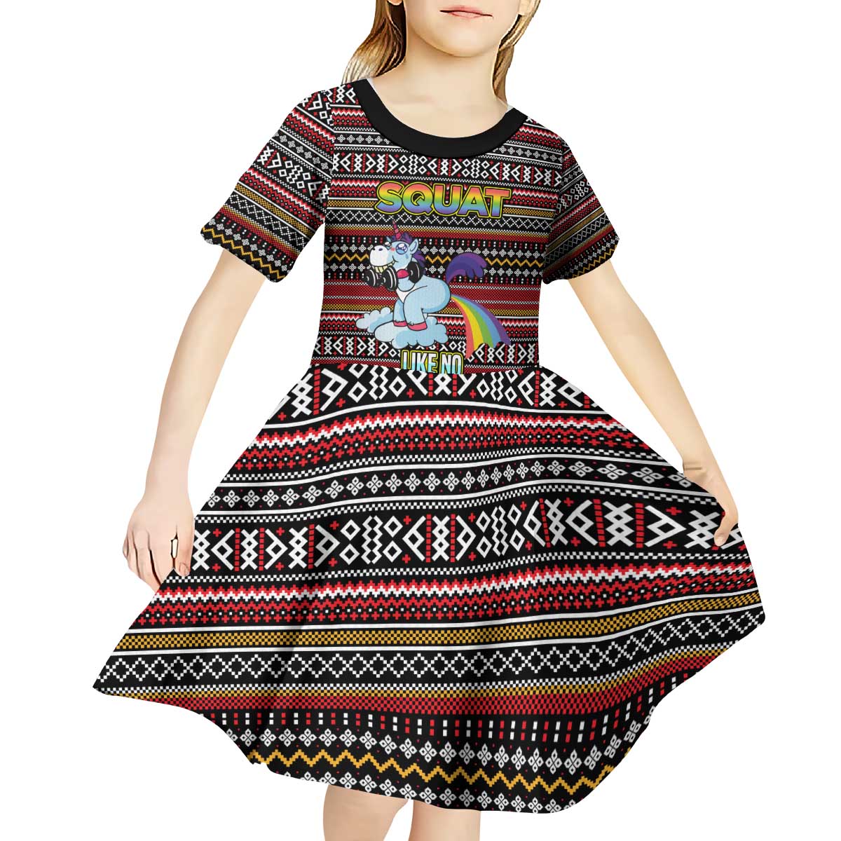Funny Unicorn Workout Kid Short Sleeve Dress with Squat Like No Tomorrow Quote and Rainbow Tribal - Wonder Print Shop