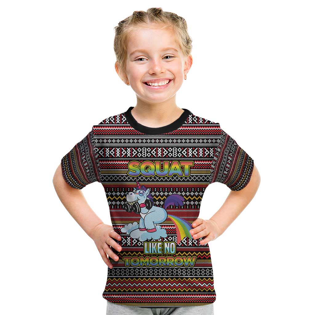 Funny Unicorn Workout Kid T Shirt with Squat Like No Tomorrow Quote and Rainbow Tribal - Wonder Print Shop