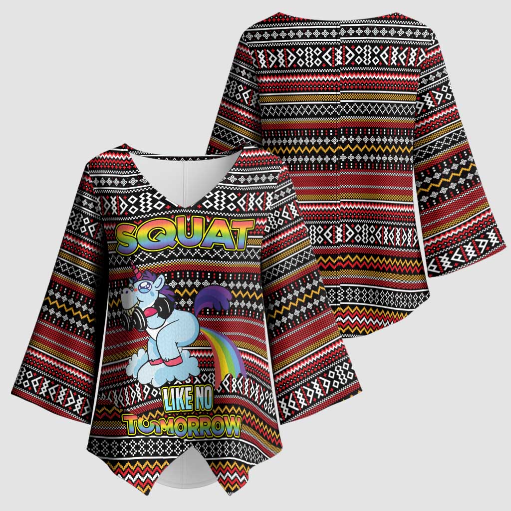Funny Unicorn Workout Kimono Sleeve Blouse with Squat Like No Tomorrow Quote and Rainbow Tribal - Wonder Print Shop