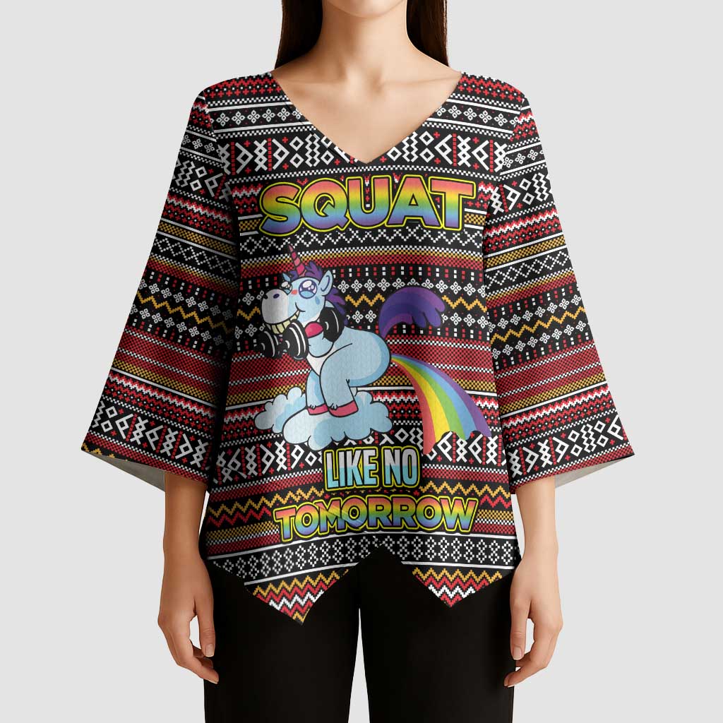 Funny Unicorn Workout Kimono Sleeve Blouse with Squat Like No Tomorrow Quote and Rainbow Tribal - Wonder Print Shop