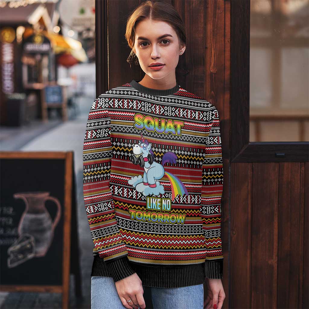 Funny Unicorn Workout Ugly Christmas Sweater with Squat Like No Tomorrow Quote and Rainbow Tribal - Wonder Print Shop