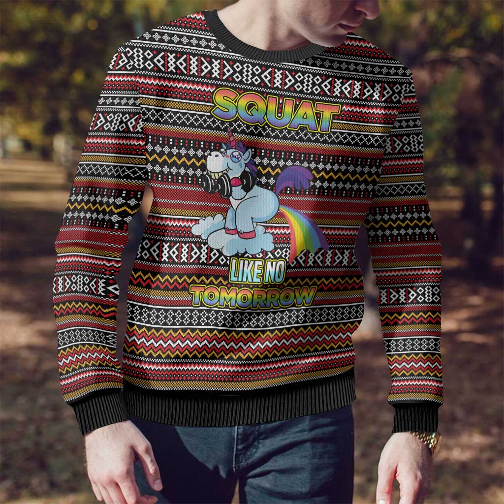 Funny Unicorn Workout Ugly Christmas Sweater with Squat Like No Tomorrow Quote and Rainbow Tribal - Wonder Print Shop