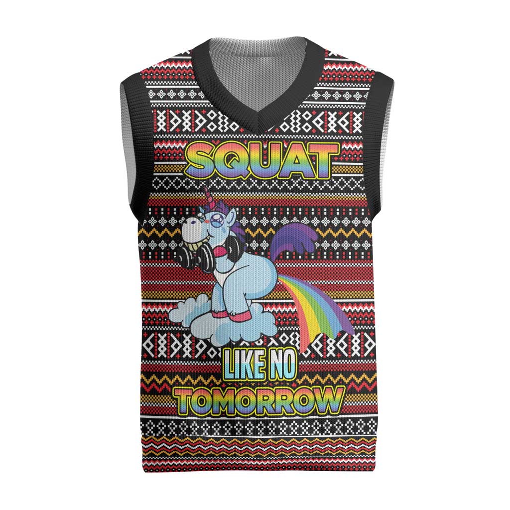 Funny Unicorn Workout Christmas Knitted V-Neck Vest with Squat Like No Tomorrow Quote and Rainbow Tribal - Wonder Print Shop