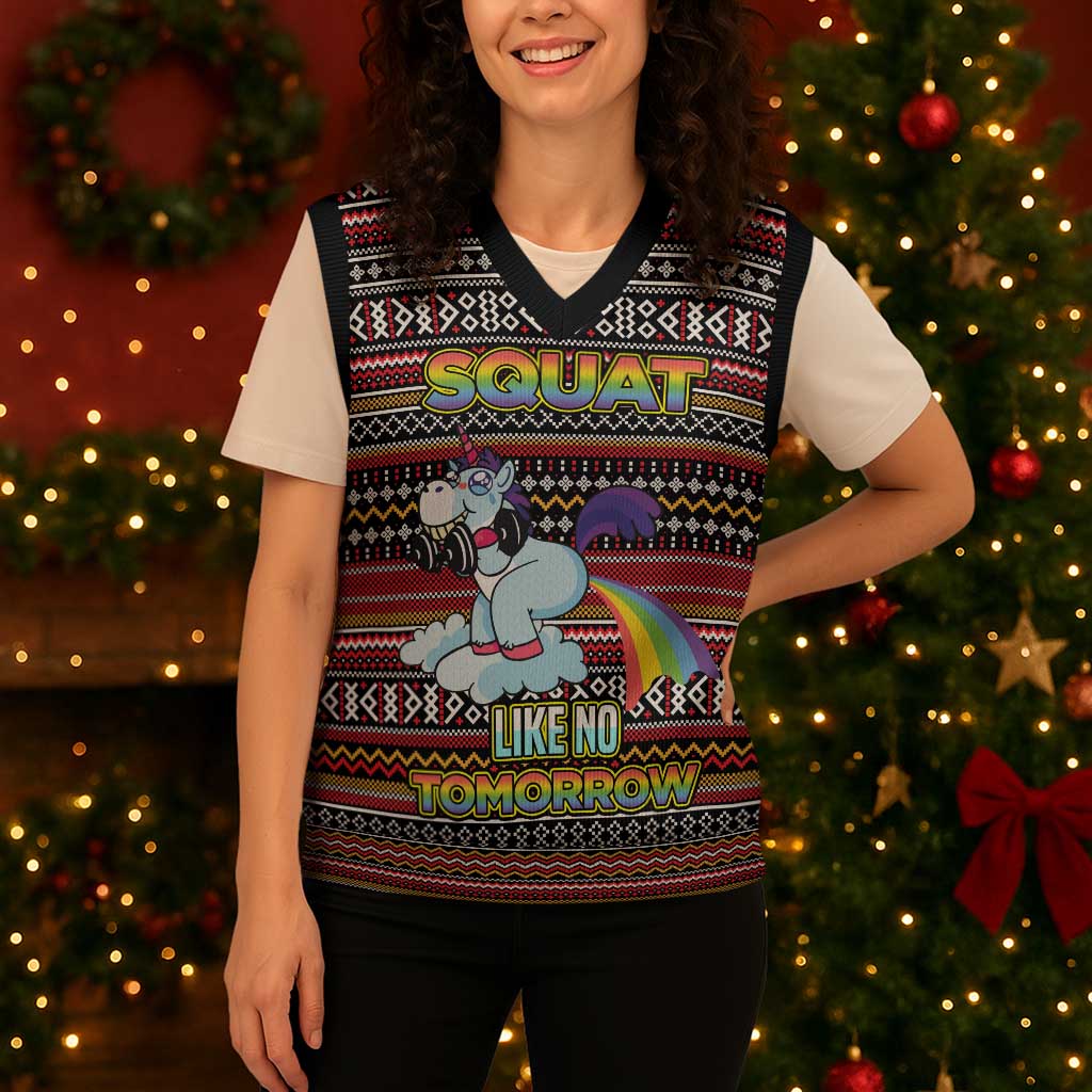 Funny Unicorn Workout Christmas Knitted V-Neck Vest with Squat Like No Tomorrow Quote and Rainbow Tribal - Wonder Print Shop