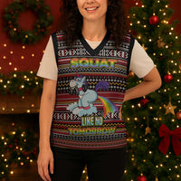 Funny Unicorn Workout Christmas Knitted V-Neck Vest with Squat Like No Tomorrow Quote and Rainbow Tribal - Wonder Print Shop
