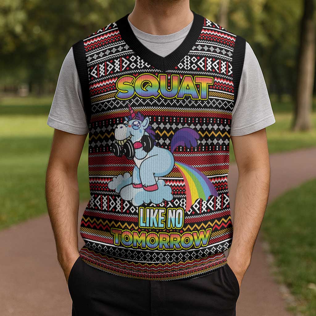 Funny Unicorn Workout Christmas Knitted V-Neck Vest with Squat Like No Tomorrow Quote and Rainbow Tribal - Wonder Print Shop