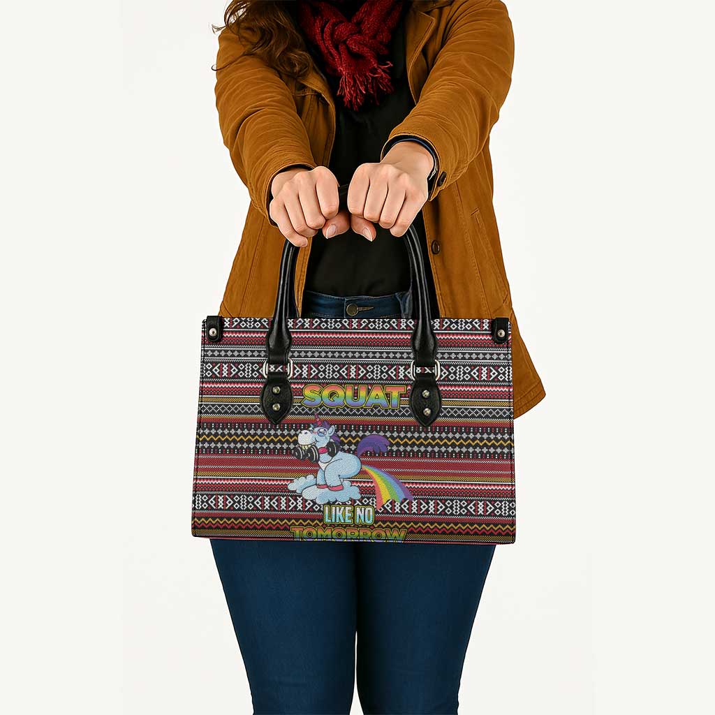 Funny Unicorn Workout Leather Bag with Squat Like No Tomorrow Quote and Rainbow Tribal - Wonder Print Shop