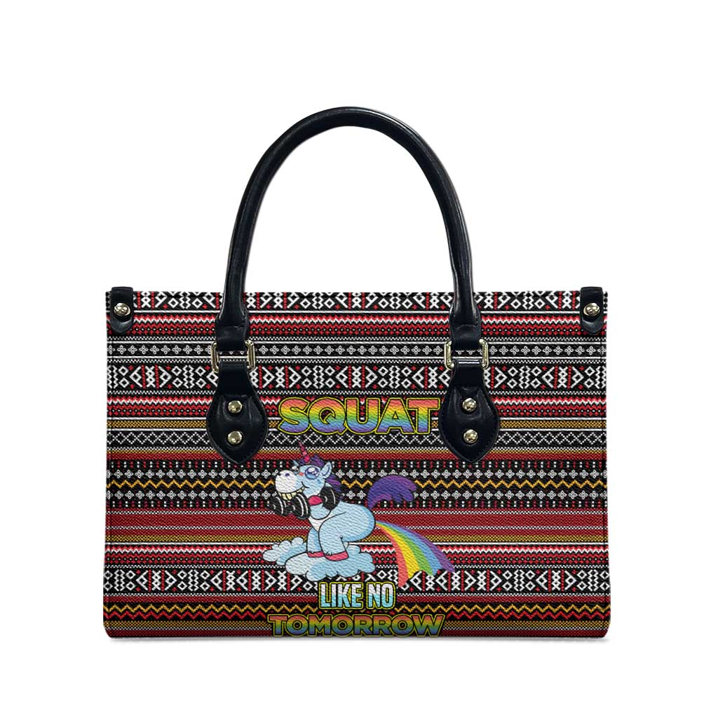Funny Unicorn Workout Leather Bag with Squat Like No Tomorrow Quote and Rainbow Tribal - Wonder Print Shop