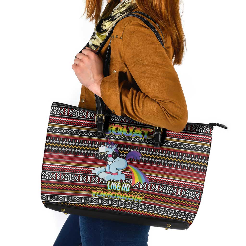 Funny Unicorn Workout Leather Tote Bag with Squat Like No Tomorrow Quote and Rainbow Tribal - Wonder Print Shop