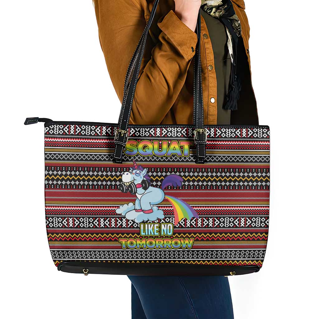 Funny Unicorn Workout Leather Tote Bag with Squat Like No Tomorrow Quote and Rainbow Tribal - Wonder Print Shop